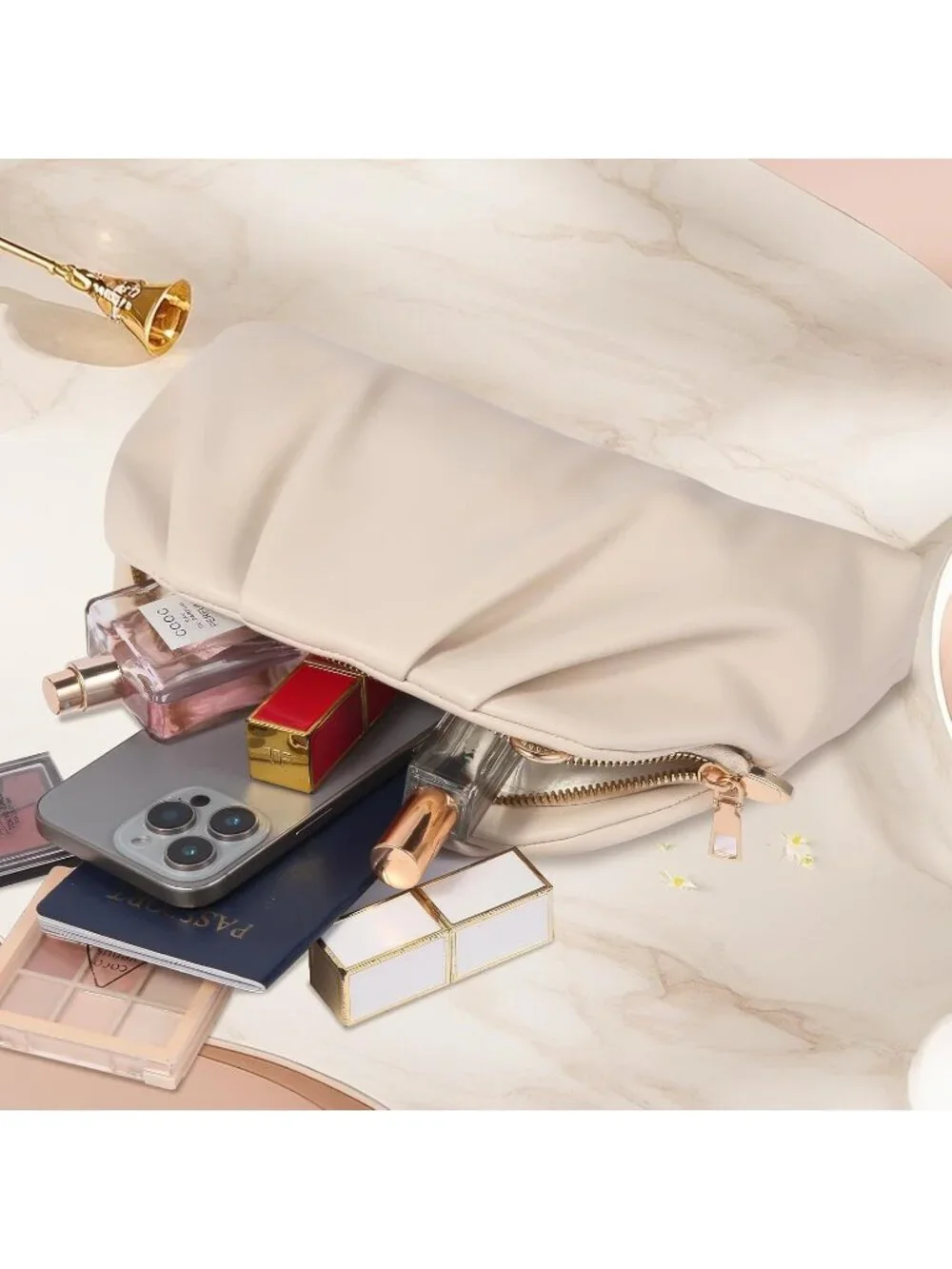 Women's Beige Gold Soft Pleated Pu Clutch Purse Elegant Evening Wedding Bag